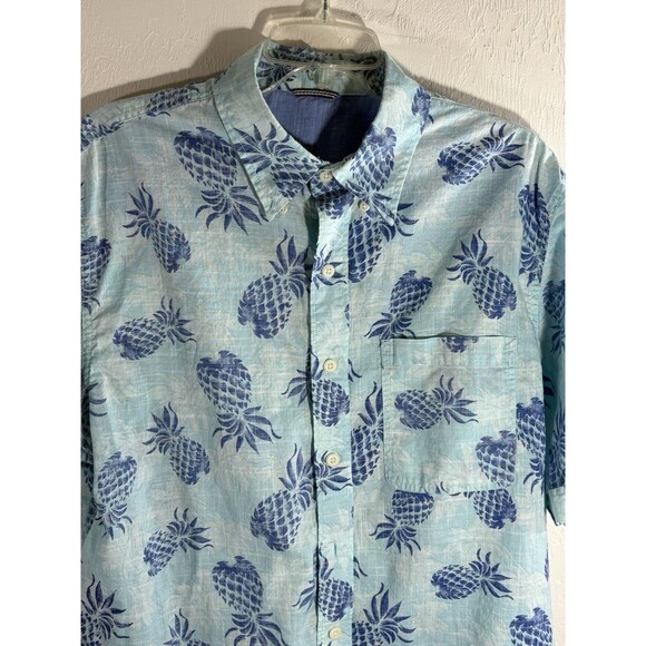 Izod Saltwater Blue Pineapple Tropical Print Casual Men Large 100% Cotton Shirt - Picture 1 of 7